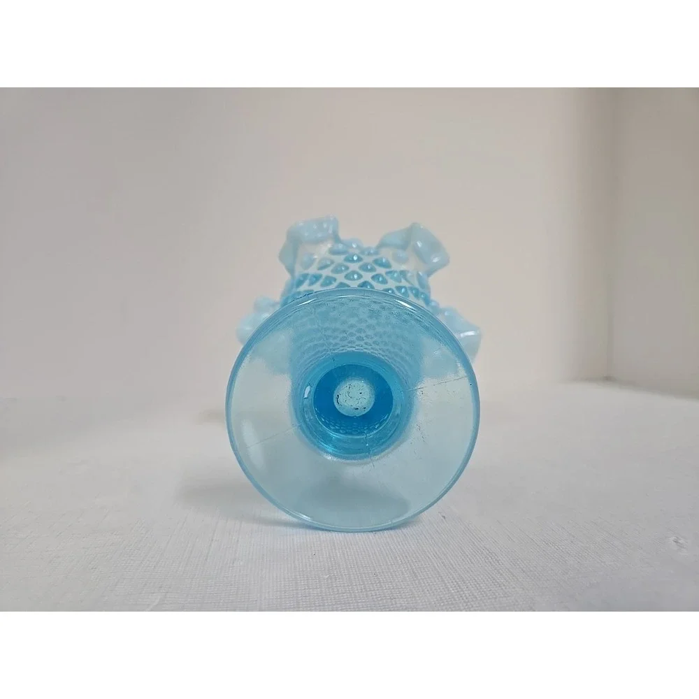 Vintage Fenton Aqua Blue Opalescent Hobnail Ruffled Vase 5 1/2